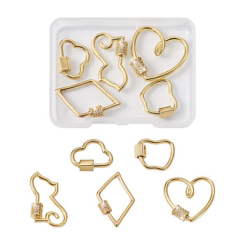 5Pcs 5 Styles Brass Screw Carabiner Lock Charms, with Clear Cubic Zirconia, for Necklaces Making, Rhombus & Cat & Heart, Mixed Shapes, Golden, 15.5~30.5x19~27x2~4mm, 1pc/style