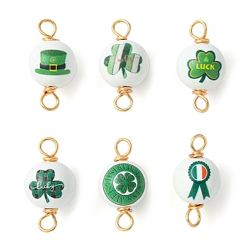 Saint Patrick's Day Printed Wood Connector Charms, Golden Tone Copper Wire Wrapped Round Links, Green, 30x15~16mm, Hole: 4.2mm