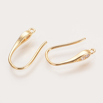 Brass Cubic Zirconia Earring Hooks, with Horizontal Loop, Nickel Free, Real 18K Gold Plated, 15x9x2.5mm, Hole: 1mm, Pin: 0.8mm