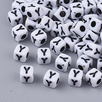 White Opaque Acrylic Beads, Horizontal Hole, Cube with Black Alphabet, Letter.Y, 4~5x4~5x4~5mm, Hole: 1.8mm, about 6470~6500pcs/500g
