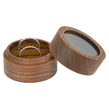 Round Wooden Engagement Ring Boxes, Jewelry Box Storage Case with Clear Window for Couple Rings, Saddle Brown, 4.95x3.5cm