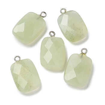 Natural Xiuyan Jade Pendants, Faceted Rectangle Charms with Platinum Tone Brass Loops, 21x13x7mm, Hole: 1.8mm