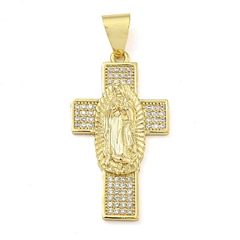 Rack Plating Brass Micro Pave Clear Cubic Zirconia Pendants, Lead Free & Cadmium Free, Long-Lasting Plated, Cross with Holy Virgin Charms, Real 18K Gold Plated, 38x21x4.2mm, Hole: 6x3.5mm