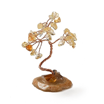 Natural Citrine Chips Tree Display Decorations, Copper Wire Wrapped Feng Shui Ornament, 35~39x39~48x59~80mm