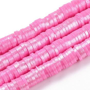 Handmade Polymer Clay Beads Strands, Pearlized, Disc/Flat Round, Heishi Beads, Flamingo, 6mm, Hole: 1.5mm, 15.75''(40cm)