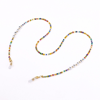 Eyeglasses Chains, Neck Strap for Eyeglasses, with Glass Seed Beads, Acrylic Letter Beads and Rubber Loop Ends, Word Love, Golden, Colorful, 27.75 inch(70.5cm)