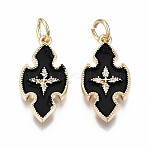 Brass Enamel Pendants, Real 18K Gold Plated, Nickel Free, Cross, Black, 20x10x2mm, Jump Ring: 5x0.7mm, 3mm inner diameter(KK-S356-199C-NF)