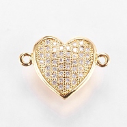 Brass Micro Pave Cubic Zirconia Links, Clear, Real 18K Gold Plated, Heart, 12x17.5x5.5mm, Hole: 1mm(ZIRC-L068-27G)