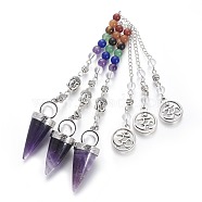 Chakra Jewelry Natural Amethyst Cone Dowsing Pendulums, with Brass Finding and Alloy Chain, Antique Silver, 235~245x2.5mm(G-G771-E02)