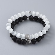 Stretch Bracelet Sets, with Cat Eye Round Beads, Natural Lava Rock Round Beads, Brass Cubic Zirconia Round Beads and 304 Stainless Steel Spacer Beads, with Burlap Paking Pouches, White & Black, 1-7/8 inch~2-1/4 inch(4.9~5.6cm), 2pcs/set(BJEW-JB04513-01)