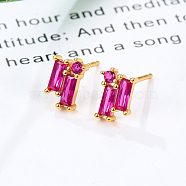 Cubic Zirconia Rectangle Stud Earrings, Golden 925 Sterling Silver Post Earrings, with 925 Stamp, Fuchsia, 8.5x5.8mm(GZ2843-7)