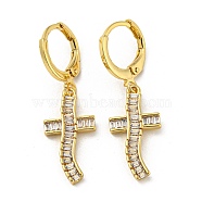 Real 18K Gold Plated Brass Dangle Leverback Earrings, with Glass, Cross, Clear, 33.5x10mm(EJEW-A033-02G-03)
