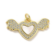 Brass Micro Pave Clear Cubic Zirconia Pendants, with Shell, Real 18K Gold Plated, Heart, 13x24.5x3mm, Hole: 3.5mm(KK-K365-13A-G)
