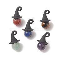 Halloween Theme Natural Mixed Stone Round Pendants, Witch Charms, with Black Alloy Hat, Mixed Color, 19.5x11x11mm, Hole: 1.5mm(PALLOY-JF02031)