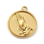 304 Stainless Steel Pendants, Flat Round with Praying Hands Charm, Golden, 18.5x16x2mm, Hole: 1.6mm(STAS-C082-04G)