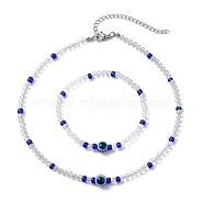 Evil Eye Jewelry Set, Resin & Acrylic Stretch Bracelet and Beaded Necklace, Blue, 16-5/8 inch(42.1cm)(SJEW-JS01290)