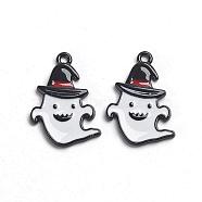 Gunmetal Plated Alloy Enamel Pendants, for Halloween, Ghost with Witch Hat, White, 25x17x2mm, Hole: 1mm(ENAM-D040-D02-B)