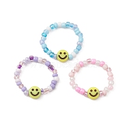 3Pcs 3 Color Glass Seed & Acrylic Smiling Face Beaded Stretch Rings Set, Mixed Color, Inner Diameter: 19mm, 1Pc/color(RJEW-JR00577)