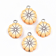Handmade Polymer Clay Pendants, with Platinum Tone Iron Findings, Flower, Orange, 18.5x14~15.5x5mm, Hole: 2mm(CLAY-T016-75)