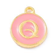 Golden Plated Alloy Enamel Charms, Enamelled Sequins, Flat Round with Alphabet, Letter.Q, Pink, 14x12x2mm, Hole: 1.5mm(ENAM-Q437-14Q)