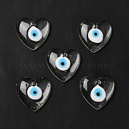 Handmade Evil Eye Lampwork Pendants, Heart Charm, Clear, 35x35x8mm, Hole: 3mm(LAMP-O018-01G)