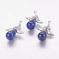 Synthetic Lapis Lazuli Pendants, with Brass Findings, Dyed, Angel, Platinum, 36~38x29x13mm, Hole: 5x8mm(G-E390-08P)