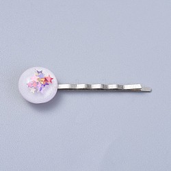 Iron Hair Bobby Pins, with Resin Cabochons and Paillette, Dome/Half Round, Platinum, 54.5mm(PHAR-JH00056-02)
