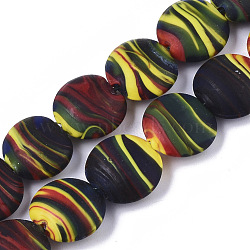 Handmade Frosted Lampwork Beads Strands, Stripe Beads, Flat Round, Colorful, 15~16x7.5~8mm, Hole: 1.2mm, about 35pcs/Strand, 19.69 inch~20.08 inch(LAMP-T007-09B)