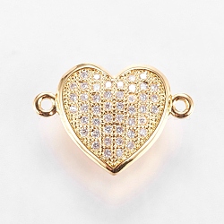 Brass Micro Pave Cubic Zirconia Links, Clear, Real 18K Gold Plated, Heart, 12x17.5x5.5mm, Hole: 1mm(ZIRC-L068-27G)