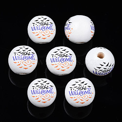 Halloween Printed Natural Wood Beads, Round with Bat & Word Welcome, Slate Blue, 15.5x14.5mm, Hole: 4mm(X-WOOD-S057-091)