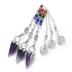 Chakra Jewelry Natural Amethyst Cone Dowsing Pendulums, with Brass Finding and Alloy Chain, Antique Silver, 235~245x2.5mm(G-G771-E02)