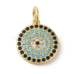 Brass Micro Pave Colorful Cubic Zirconia Pendants, Real 18K Gold Plated, Flat Round, 16x14x2mm, Hole: 4mm(KK-R162-076G)