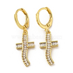 Real 18K Gold Plated Brass Dangle Leverback Earrings, with Glass, Cross, Clear, 33.5x10mm(EJEW-A033-02G-03)