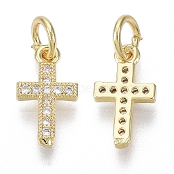 Brass Micro Pave Cubic Zirconia Tiny Cross Charms, with Jump Ring, Nickel Free, Clear, Real 18K Gold Plated, 12x7x1.5mm, Hole: 3mm(ZIRC-R109-024B-G-NF)
