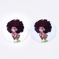 Printed Wooden Big Pendants, Dyed, Flat Round with Fashion Lady, Colorful, 60x2.5mm, Hole: 1.5mm(WOOD-S048-20)