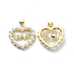 Brass Clear Cubic Zirconia Pendants, with ABS Plastic Imitation Pearl, Heart with Word Love Charm, for Valentine's Day, Real 18K Gold Plated, 19.5x21x5mm, Hole: 3.5x4.5mm(KK-G446-07G)