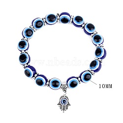 10mm Evil Eye Beaded Stretch Bracelets, Zinc Alloy Hamsa Hand Charm Bracelets for Women Men(SP9992-1)