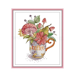 Teacup with Flower Pattern DIY Cross Stitch Beginner Kits, Stamped Cross Stitch Kit, Including 11CT Printed Cotton Fabric, Embroidery Thread & Needles, Instructions, Colorful, Fabric: 410x362x1mm(DIY-NH0003-02A)