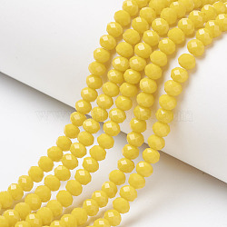 Opaque Solid Color Glass Beads Strands, Faceted, Rondelle, Gold, 6x5mm, Hole: 1mm, about 87~90pcs/strand, 17~17.5 inch(42.5~43.75cm)(X-EGLA-A034-P6mm-D04)