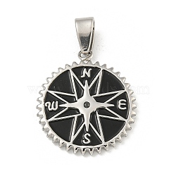 304 Stainless Steel Enamel Pendants, Flat Round with Compass Charm, Stainless Steel Color, 28x25x3mm, Hole: 3.5x7mm(STAS-F307-30P)