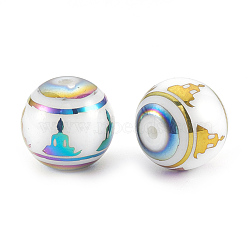 Electroplate Glass Beads Strands, Chakra Style, Round with Sit in Meditation Pattern, Multi-color Plated, 10x9.5~10mm, Hole: 1.2mm, 200pcs/bag(EGLA-T009-12A)