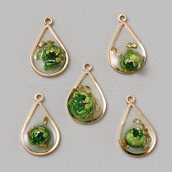 Resin Gold Foil Pendants, Inner Flower Charms, with Light Gold Tone Brass Findings, Teardrop, 19x11x5~7mm, Hole: 1.5mm(RESI-TAC0010-97B)