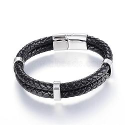 Braided Leather Cord Mkulti-strand Bracelets, with 304 Stainless Steel Magnetic Clasp, Black, 8-5/8 inch(220mm)x12~15x6~9mm(BJEW-K141-13)