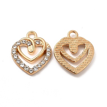 Alloy Crystal Rhinestone Pendants, Double Heart Charm, Light Gold, 17.5x15x2.5mm, Hole: 2mm