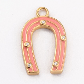 Brass Micro Pave Clear Cubic Zirconia Pendants, Long-Lasting Plated, with Enamel and Jump Rings, Horse Shoe, Light Salmon, 21x13x2mm, Hole: 2mm