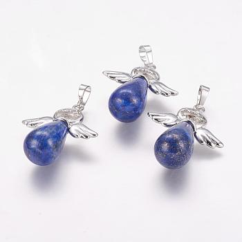 Synthetic Lapis Lazuli Pendants, with Brass Findings, Dyed, Angel, Platinum, 36~38x29x13mm, Hole: 5x8mm