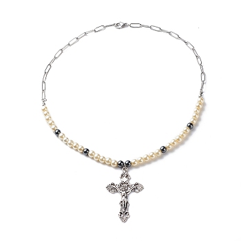 Jesus Cross Alloy Pendant Necklaces for Women Men, Synthetic Hematite & Glass Beaded Necklaces, Antique Silver & Stainless Steel Color, 19.37 inch(49.2cm)