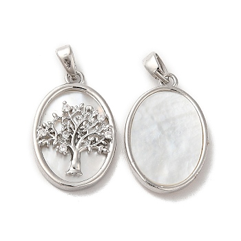 Brass Shell Pendants, with Cubic Zirconia, Oval with Tree of Life Pattern, Platinum, 21.5x14x3mm, Hole: 3.4x2mm