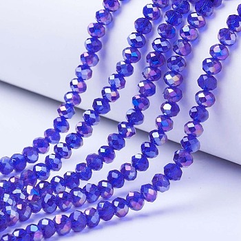 Electroplate Glass Beads Strands, AB Color Plated, Faceted, Rondelle, Blue, 10x8mm, Hole: 1mm, about 63~65pcs/strand, 49~50cm