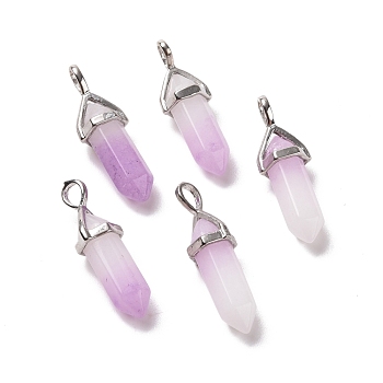Natural White Jade Pendants, Faceted, with Platinum Tone Brass Findings, Lead free & Cadmium Free, Dyed, Lilac, Bullet, 27~30x9~10x7~8mm, Hole: 4x3mm